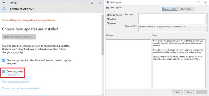 Figure 1. Configure the Defer upgrades setting