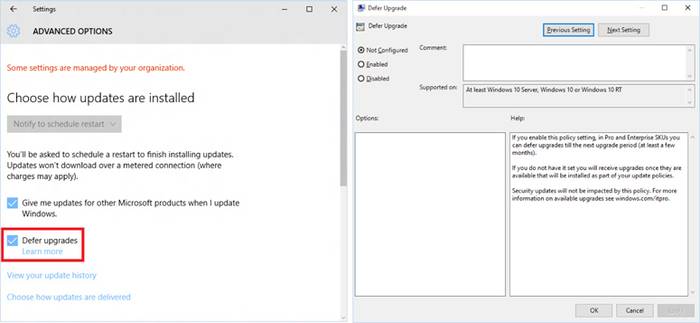 Figure 1. Configure the Defer upgrades setting